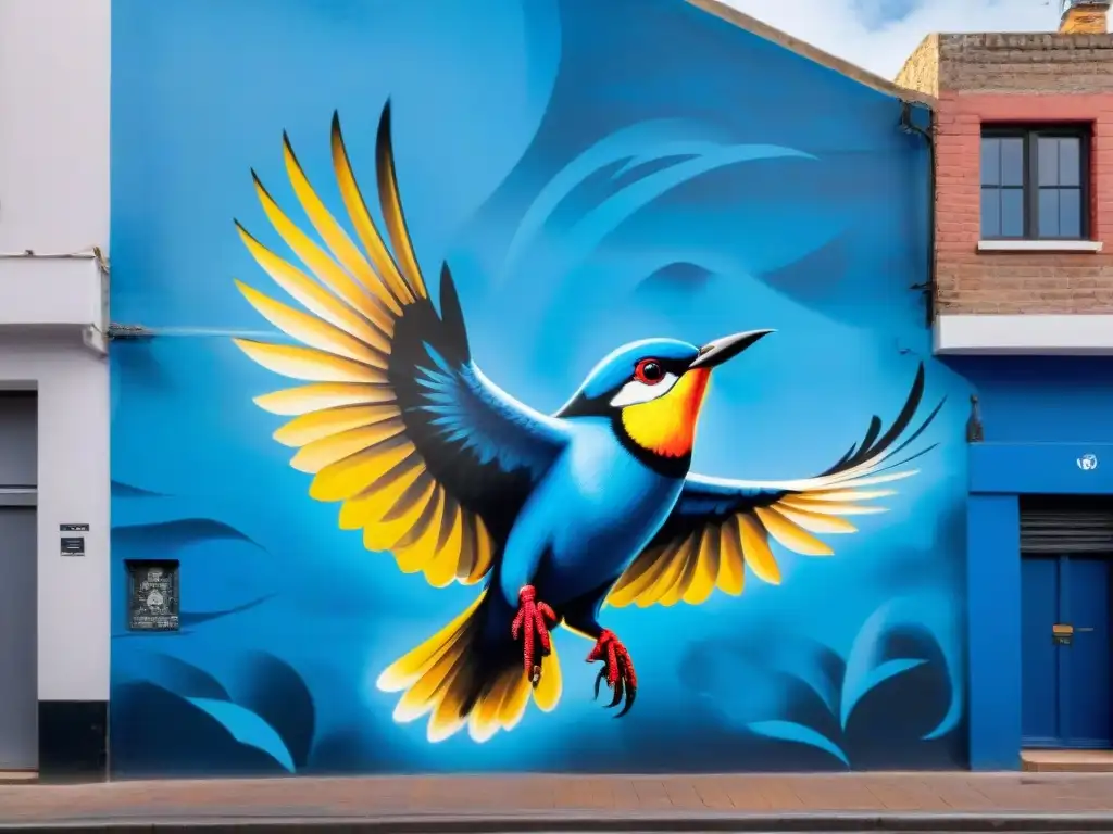 Un majestuoso mural en Montevideo, Uruguay con un ave colorida en vuelo, detalladas plumas y vibrante contraste urbano