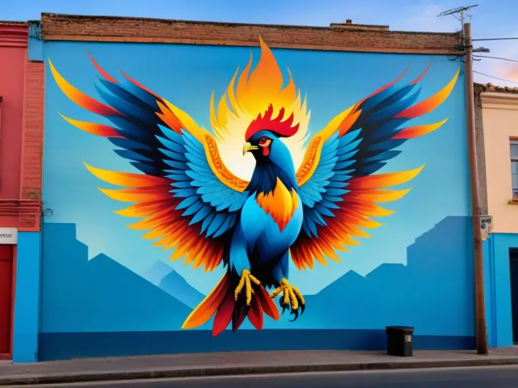 Un majestuoso mural de un fénix renaciendo en un entorno urbano, simbolizando el arte urbano revitalizando zonas olvidadas en Uruguay