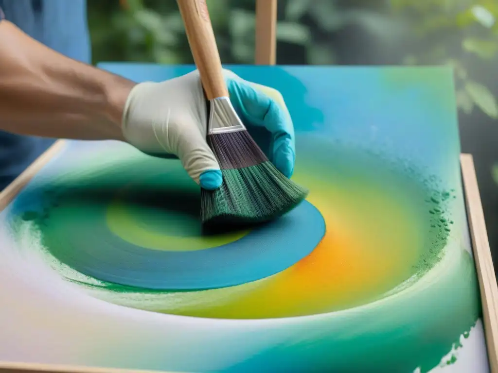 Mano de artista pintando una obra de arte vibrante con materiales ecológicos, simbolizando el arte contemporáneo sostenible