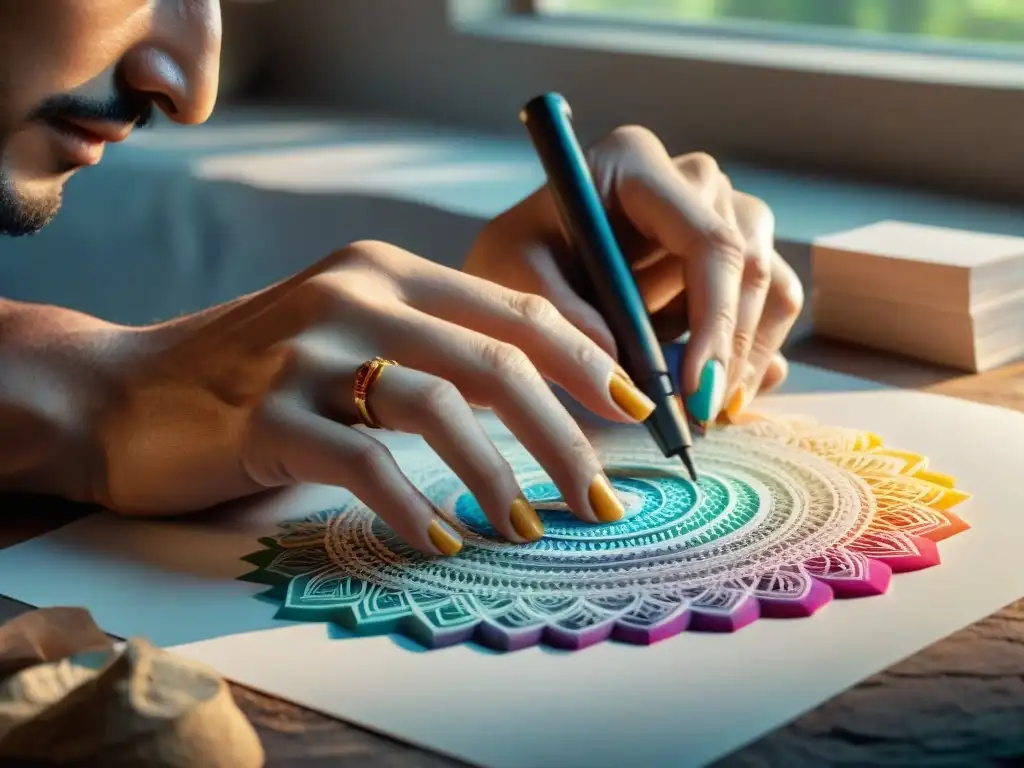 Manos de artista tallando diseño en papel de piedra en artes gráficas uruguayas