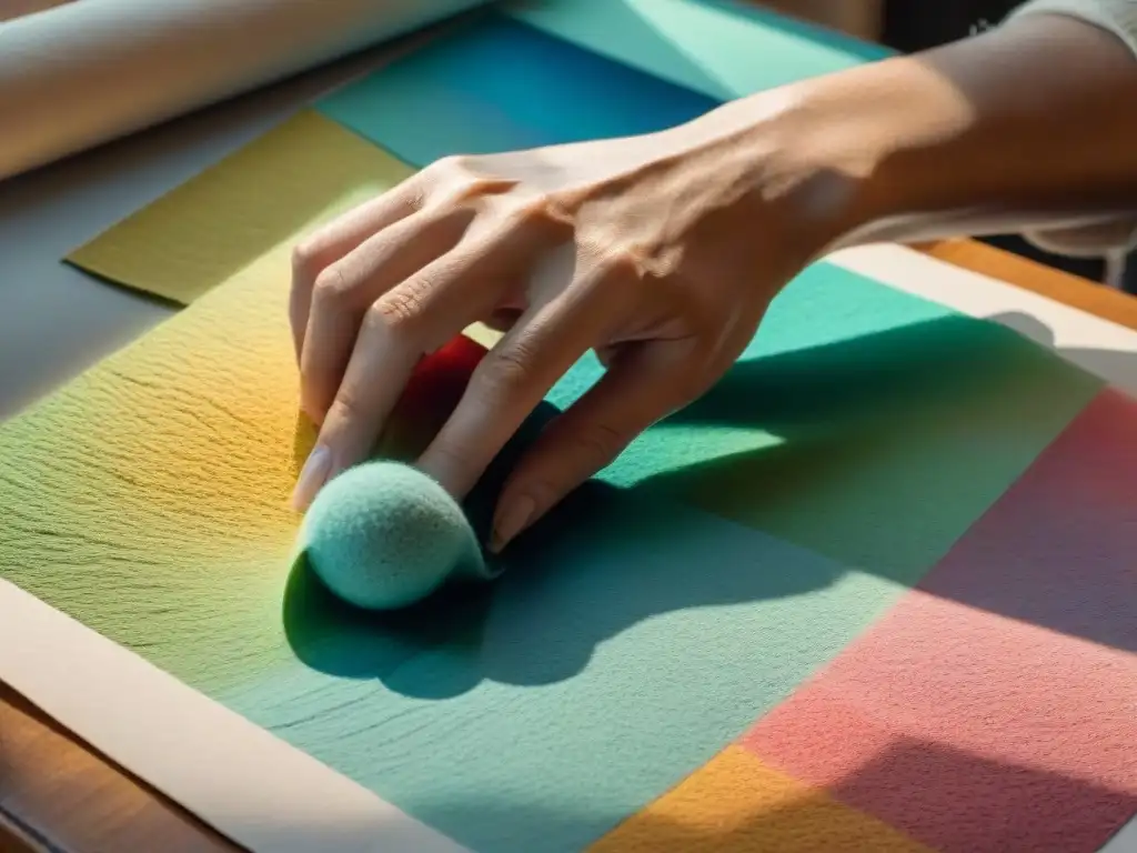 Manos de artista uruguayo mezclando colores pastel en papel texturizado, con expresión concentrada y juego de luces y sombras