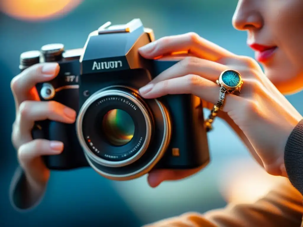 Manos de fotógrafo ajustando cámara digital con luz natural, anillos y pulseras, evolución técnica fotográfica arte uruguayo