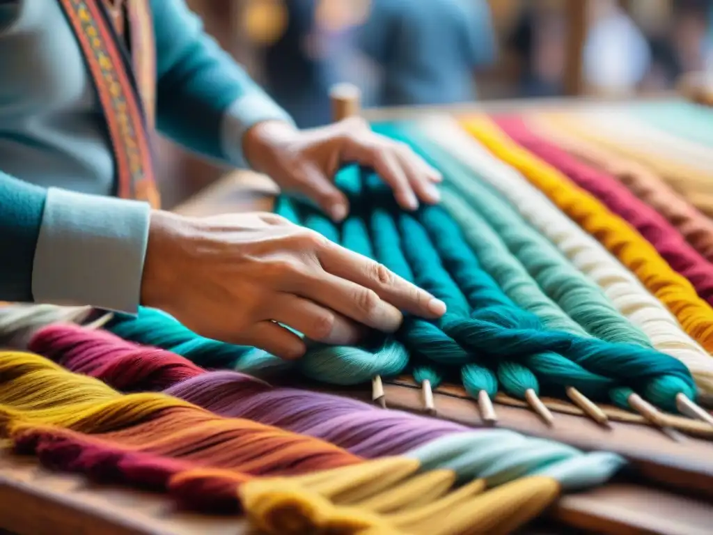 Manos hábiles tejiendo una colorida artesanía uruguaya en un mercado de Montevideo