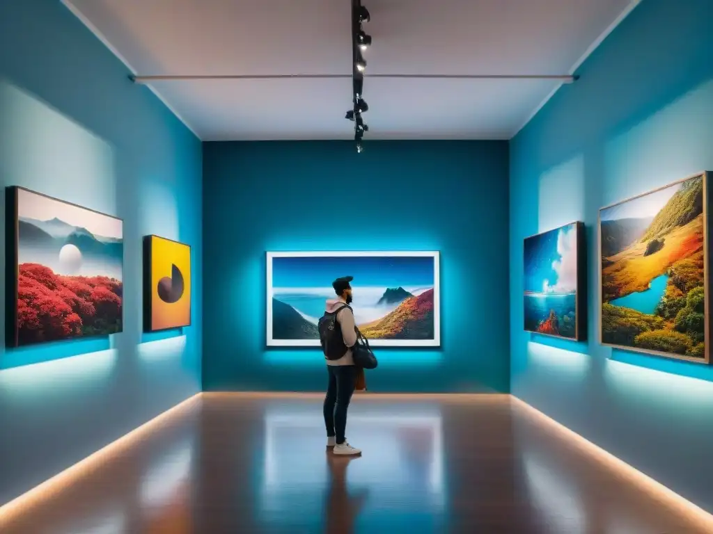 Marketing digital para artistas uruguayos: Galería de arte vibrante en Montevideo con obras abstractas coloridas y visitantes inspirados