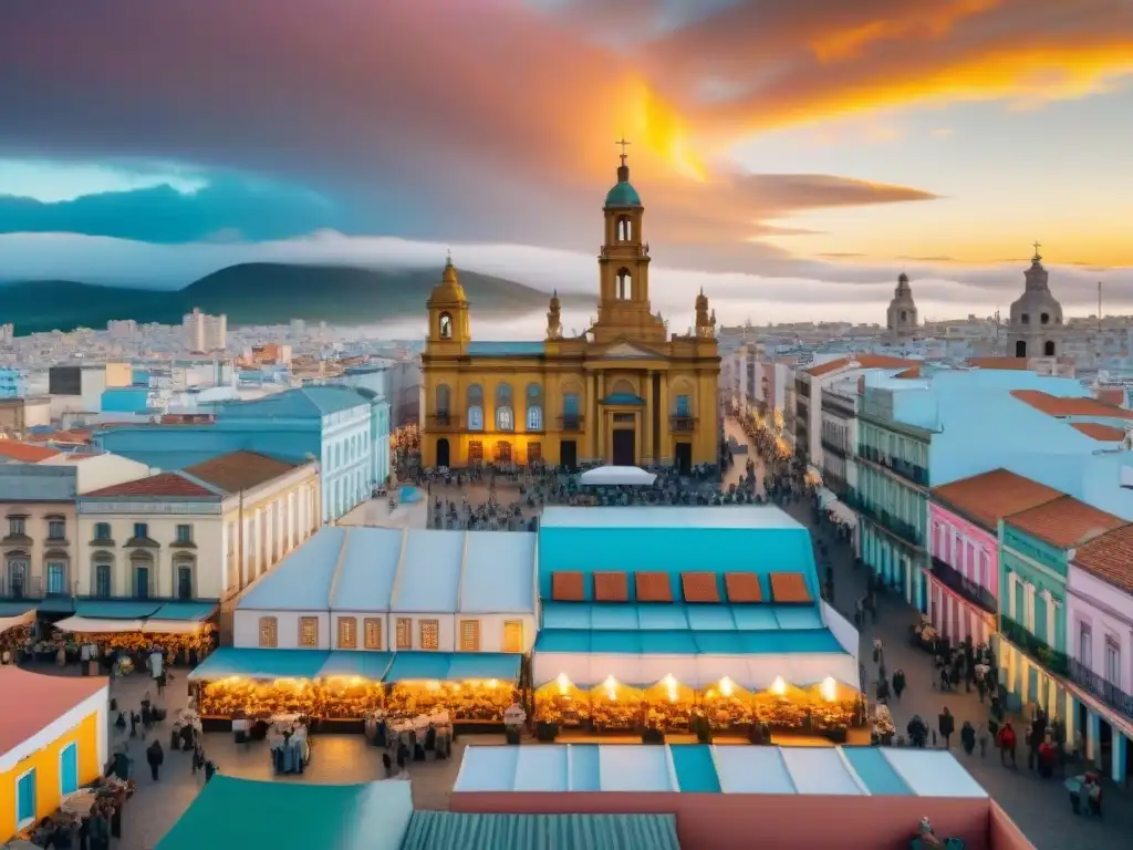 Mercadillo de artistas uruguayos: colorido arte y merchandising en Montevideo al atardecer