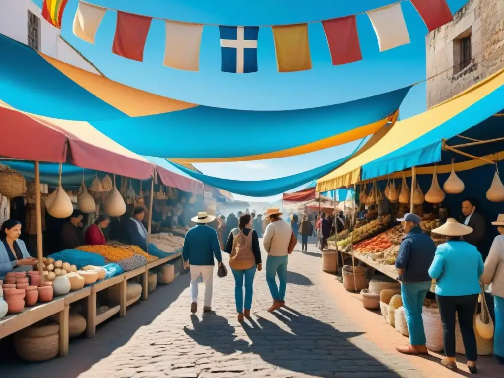 Un mercado callejero en Uruguay lleno de color y vida, con artesanos locales vendiendo productos derivados arte uruguayo