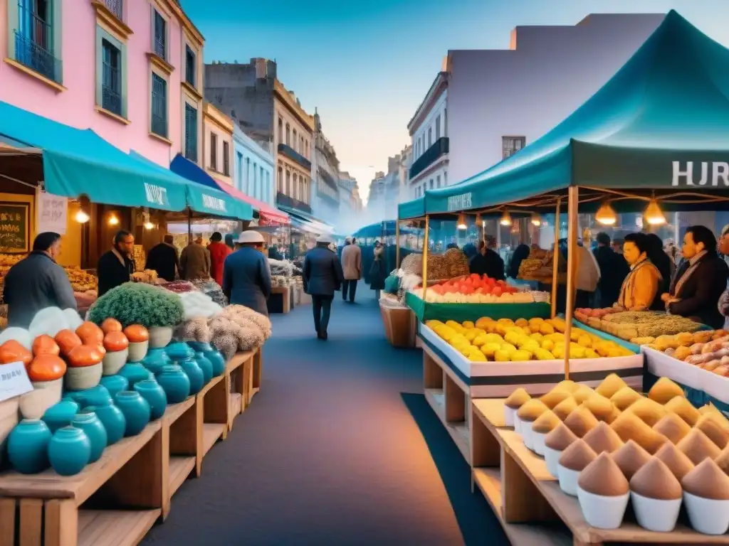 Un mercado callejero vibrante en Montevideo, Uruguay, lleno de souvenirs de arte contemporáneo uruguayo