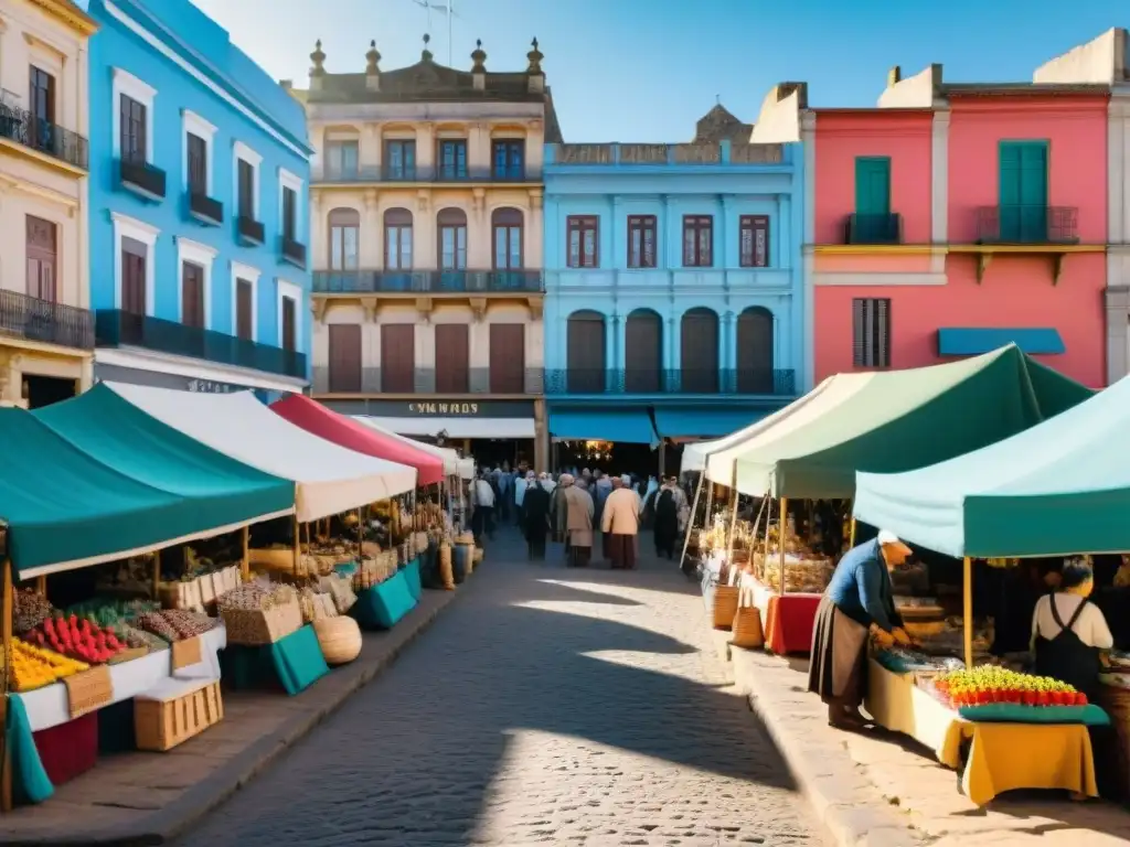 Un mercado callejero vibrante en Uruguay con productos derivados del arte uruguayo, lleno de color y cultura