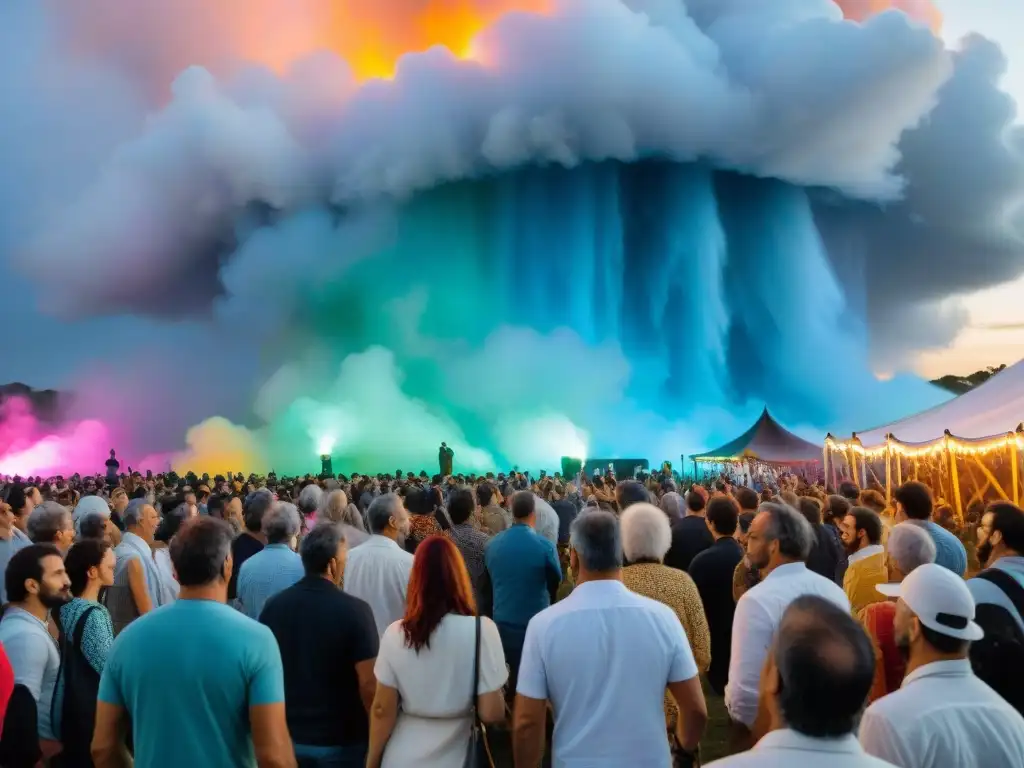 Multitud diversa disfrutando del arte contemporáneo en vibrante festival en Uruguay