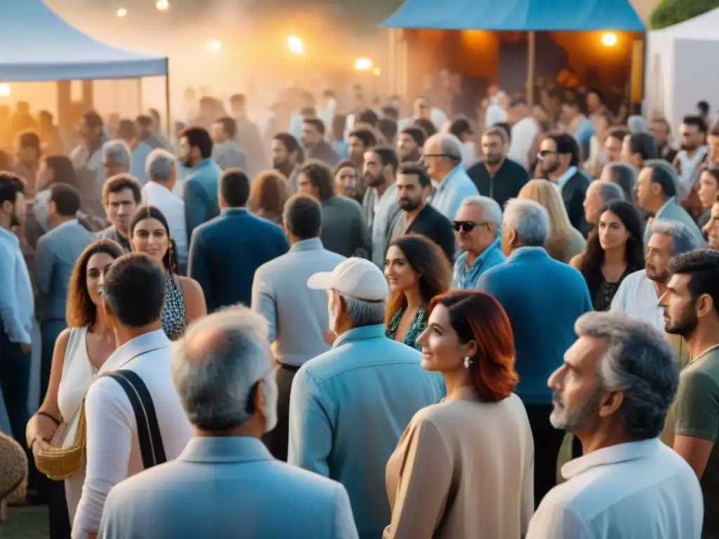 Multitud diversa y vibrante en festival de arte contemporáneo en Uruguay, colores brillantes y conexión comunitaria