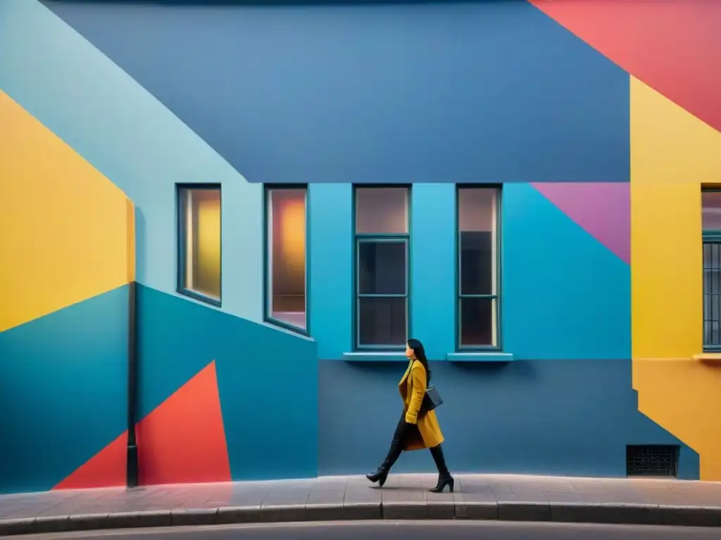 Un mural abstracto vibrante en Montevideo, Uruguay, con formas geométricas audaces y colores brillantes