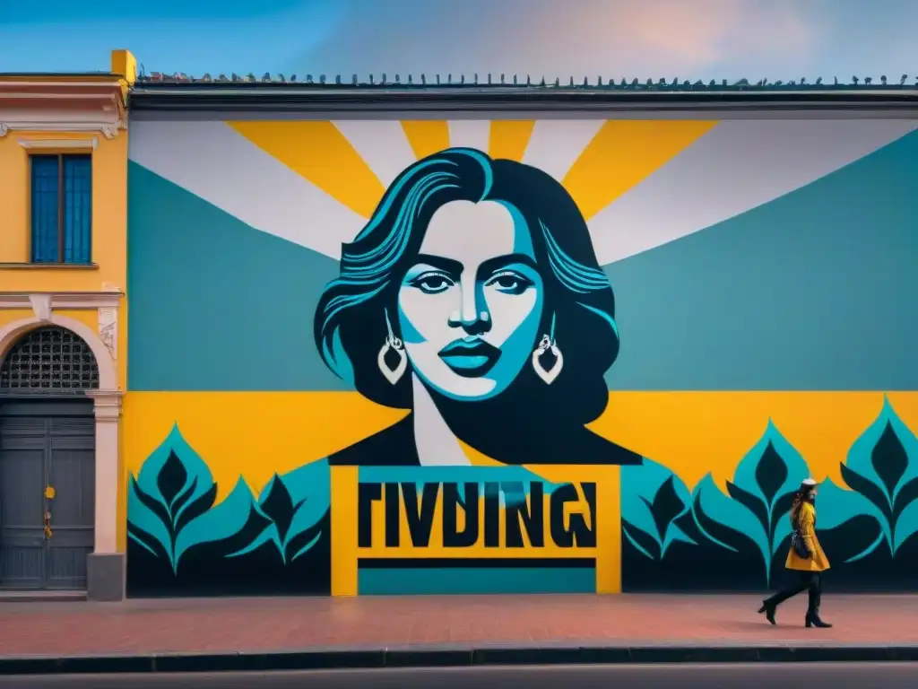 Mural activista en Montevideo, Uruguay, con colores vibrantes y figuras diversas en protesta pacífica