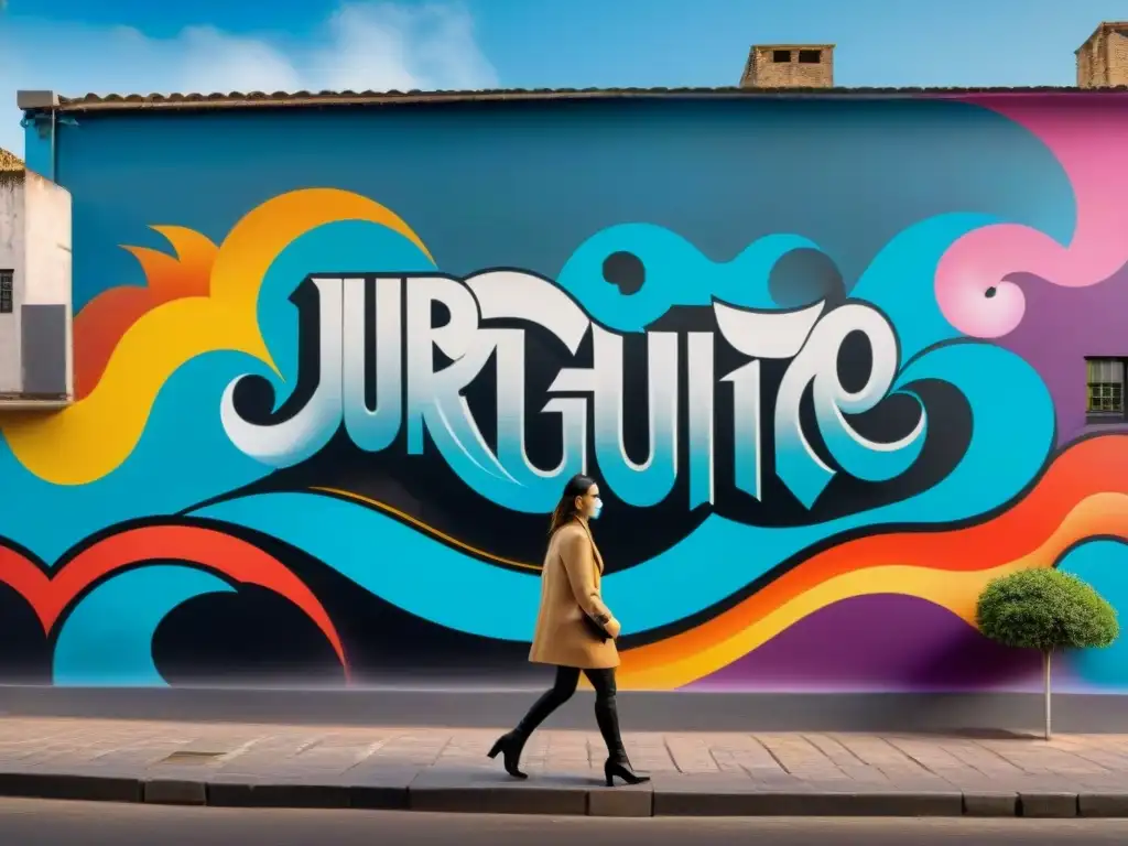 Un mural de arte callejero en Montevideo, Uruguay, con elementos tradicionales y graffiti urbano