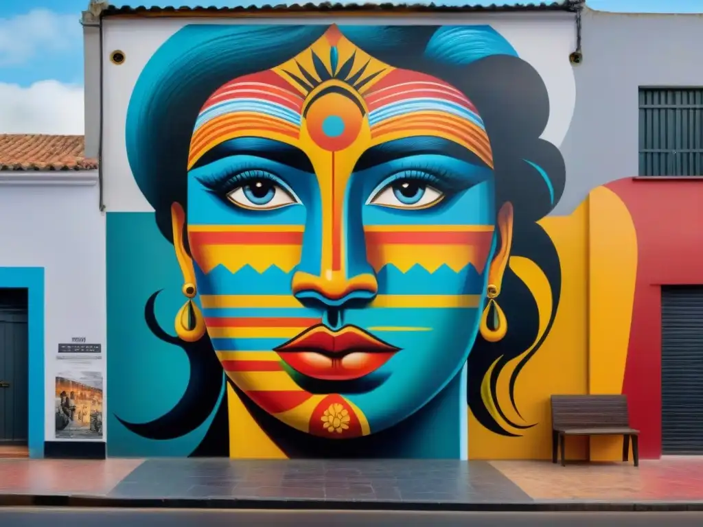 Vivid mural de arte callejero en Montevideo, Uruguay, fusionando motivos tradicionales con influencias contemporáneas