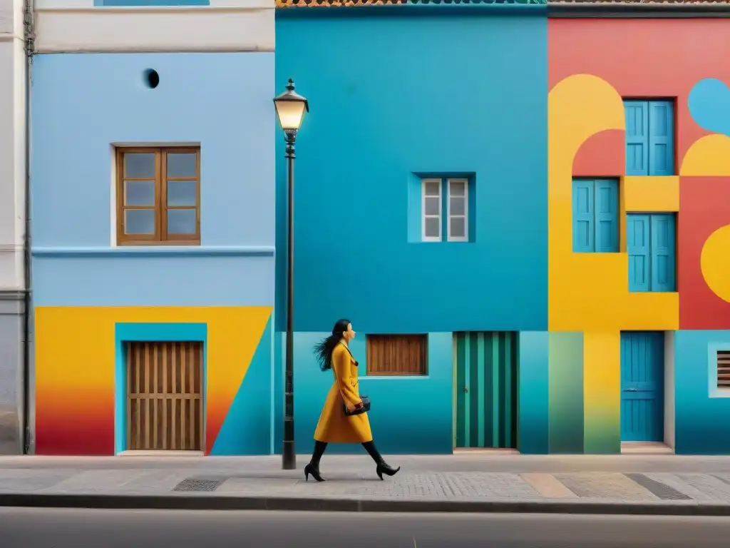 Un mural de arte callejero vibrante en Montevideo, Uruguay, fusionando motivos tradicionales con elementos abstractos