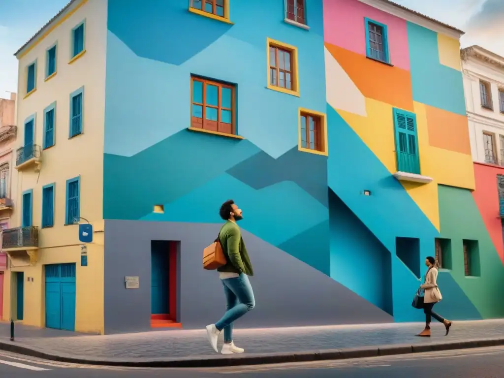 Un mural de arte callejero vibrante en Montevideo, Uruguay, que representa la unidad y creatividad en el arte contemporáneo uruguayo frente a desafíos actuales
