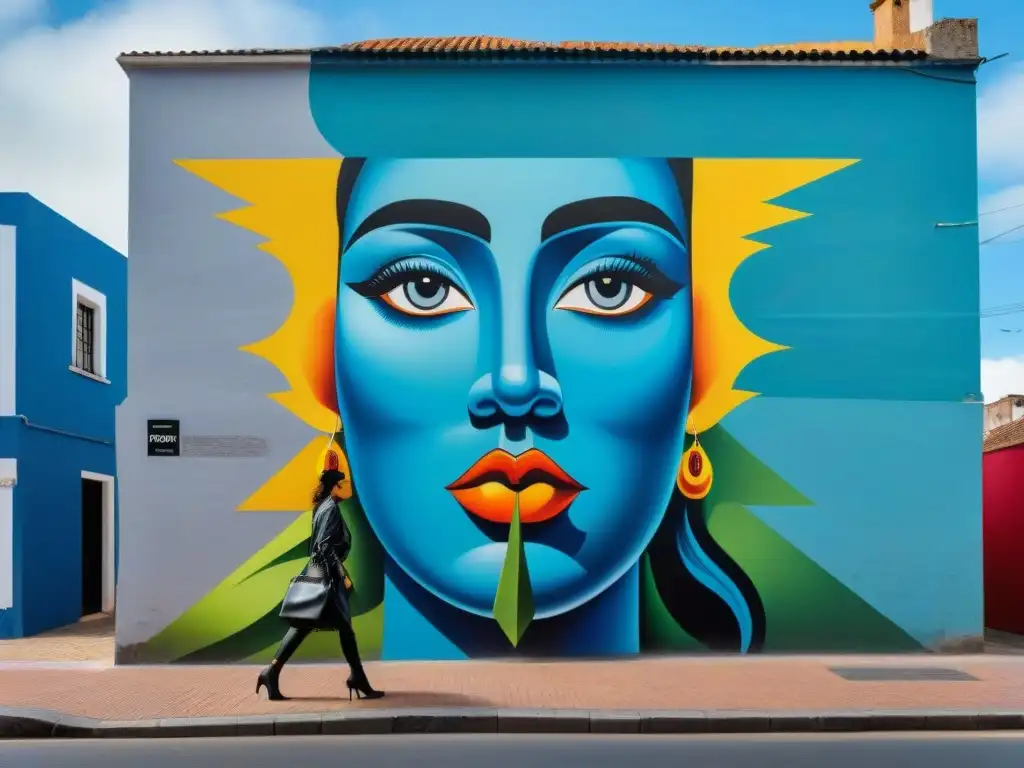 Un mural de arte callejero vibrante en Montevideo, Uruguay, fusionando símbolos tradicionales con técnicas contemporáneas