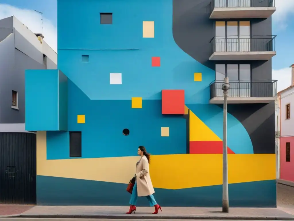 Un mural de arte callejero vibrante y dinámico en Montevideo, Uruguay, con formas geométricas y colores primarios brillantes sobre fondo negro