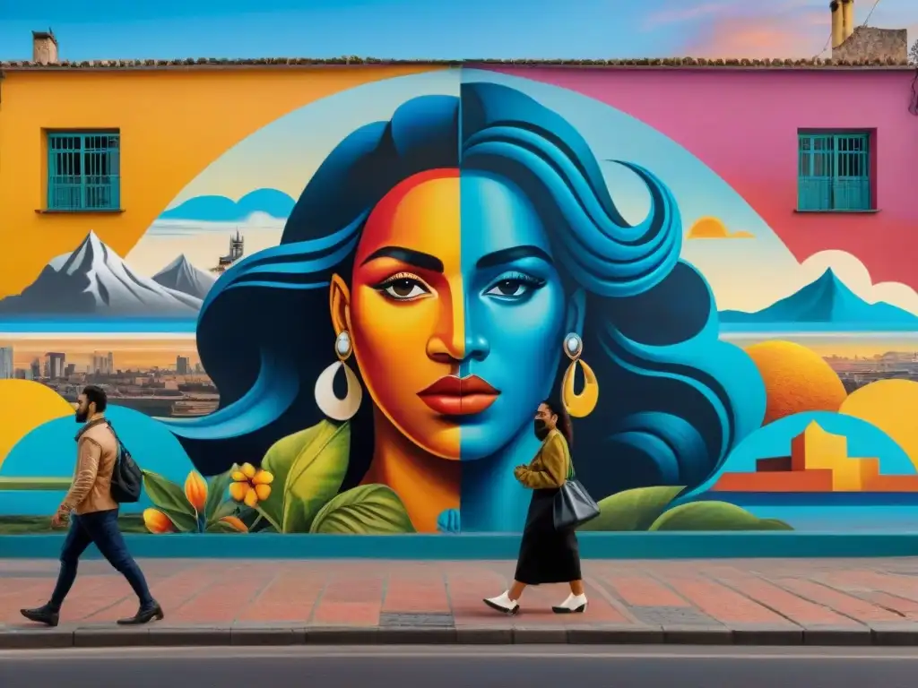 Un mural de arte callejero vibrante en Montevideo, Uruguay, celebra la diversidad y la unión a través del arte contemporáneo