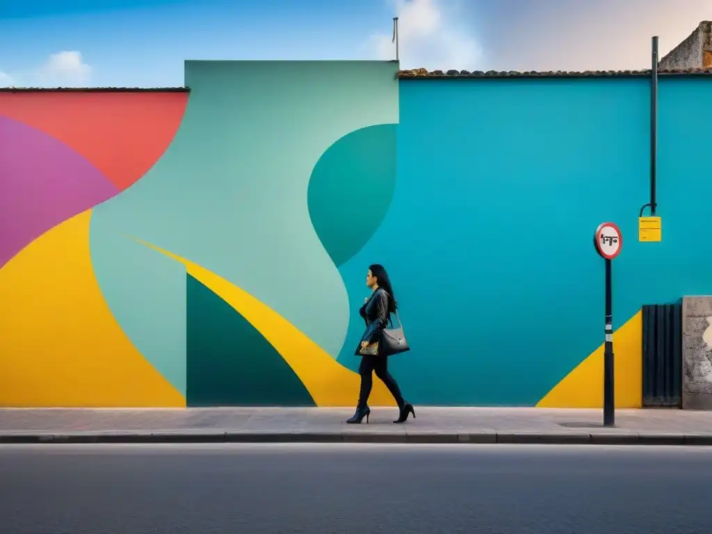 Un mural de arte callejero vibrante en Montevideo, Uruguay, fusionando motivos tradicionales con elementos modernos y abstractos