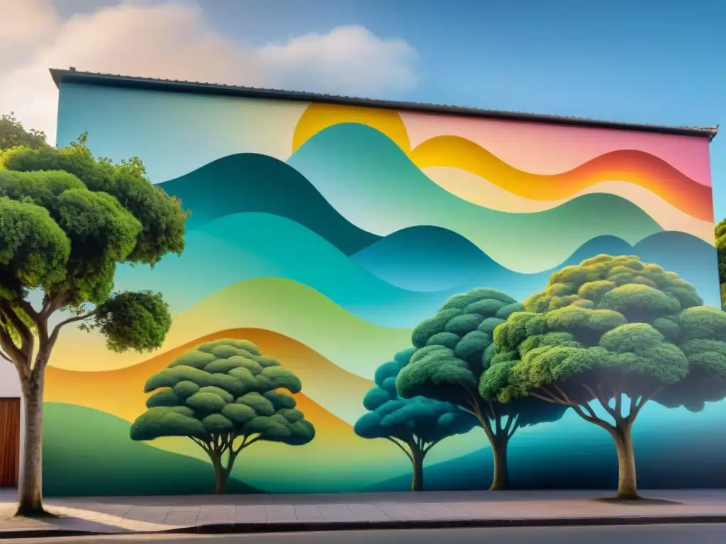 Un mural de Arte contemporáneo uruguayo conciencia ambiental: vibrantes colores y motivos geométricos con flora y fauna indígena