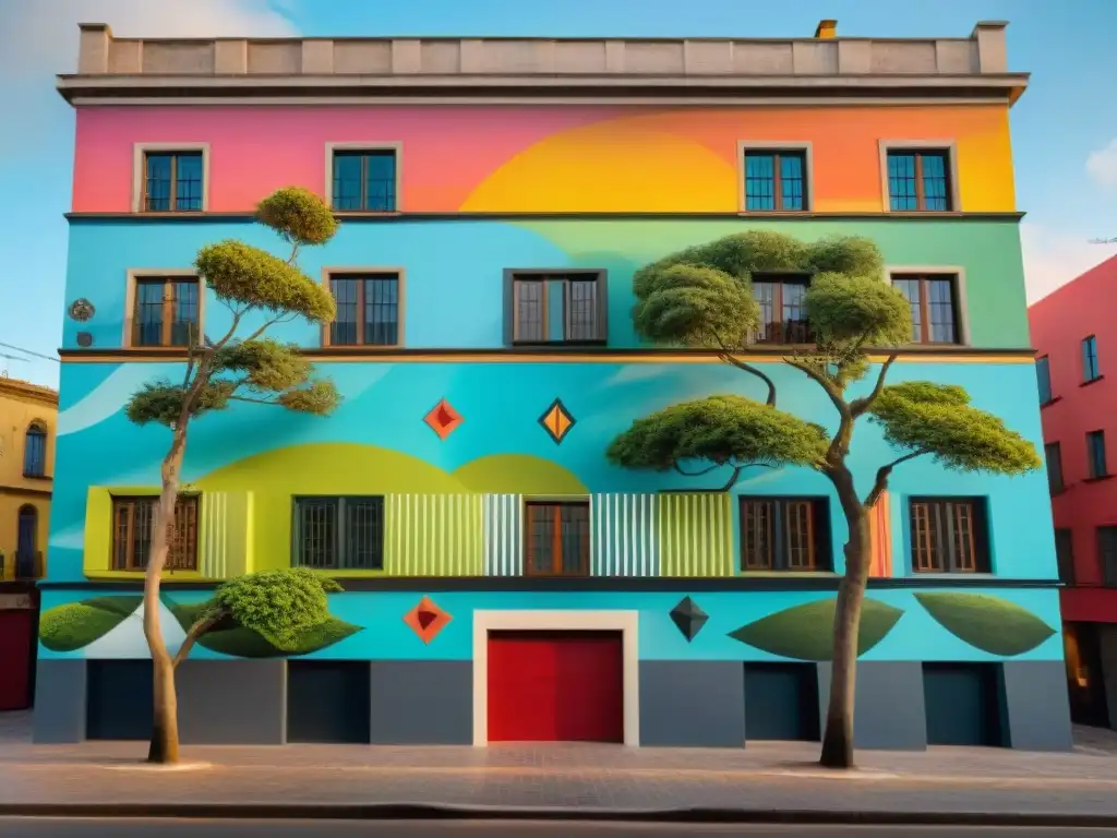 Un mural de arte contemporáneo uruguayo en Montevideo, con colores vibrantes y motivos locales, admirado por artistas emergentes