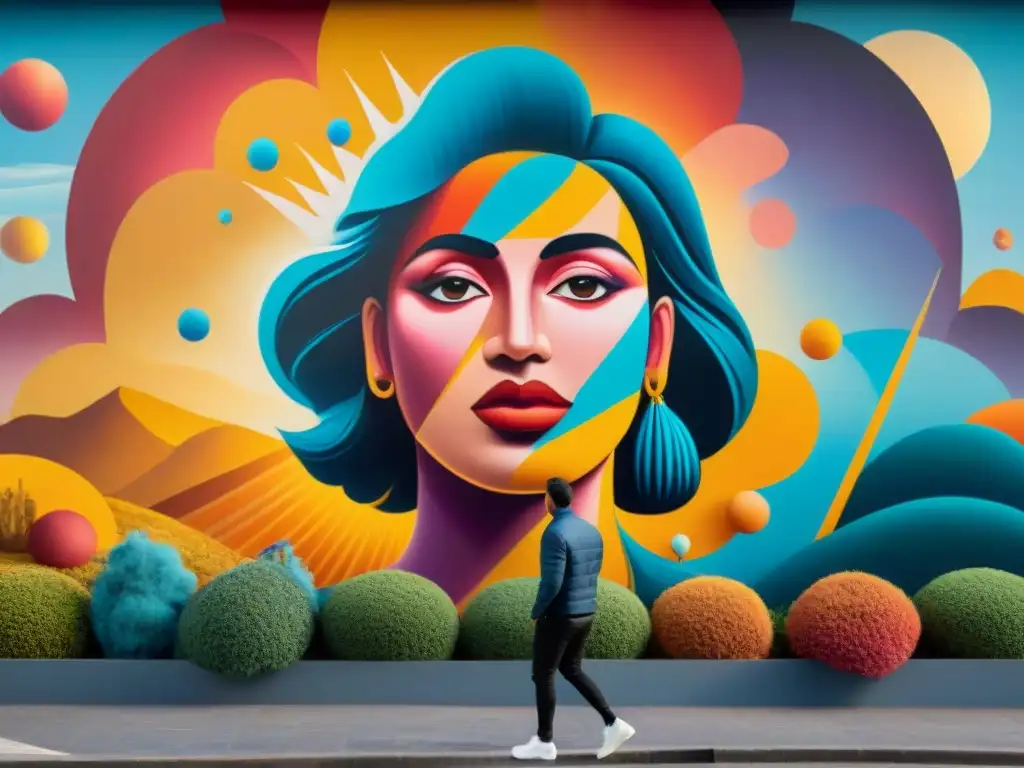 Un mural de arte contemporáneo uruguayo creado por colectivos emergentes, con vibrantes colores y detalles intrincados