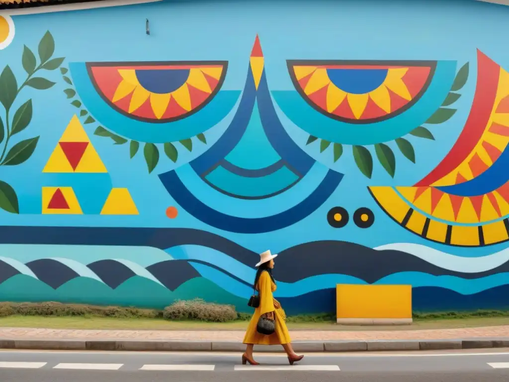 Un mural de arte indígena contemporáneo en Uruguay, fusionando tradición y modernidad con colores vibrantes y motivos simbólicos