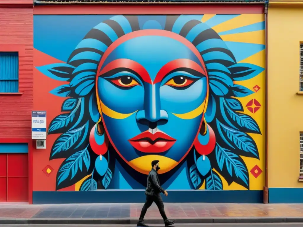 Un mural de arte indígena contemporáneo en Montevideo, Uruguay, fusiona colores vibrantes y símbolos tradicionales en la ciudad