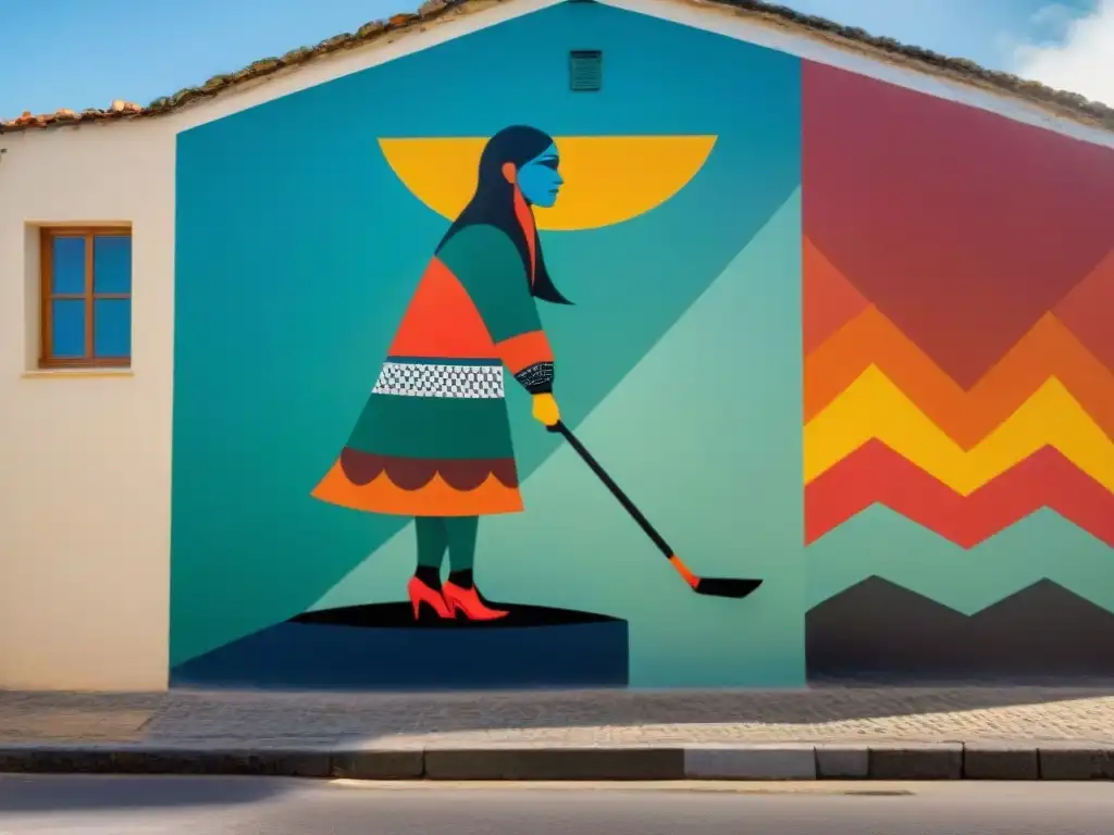 Mural de arte indígena contemporáneo en Uruguay con patrones geométricos, tonos terrosos y fauna nativa estilizada