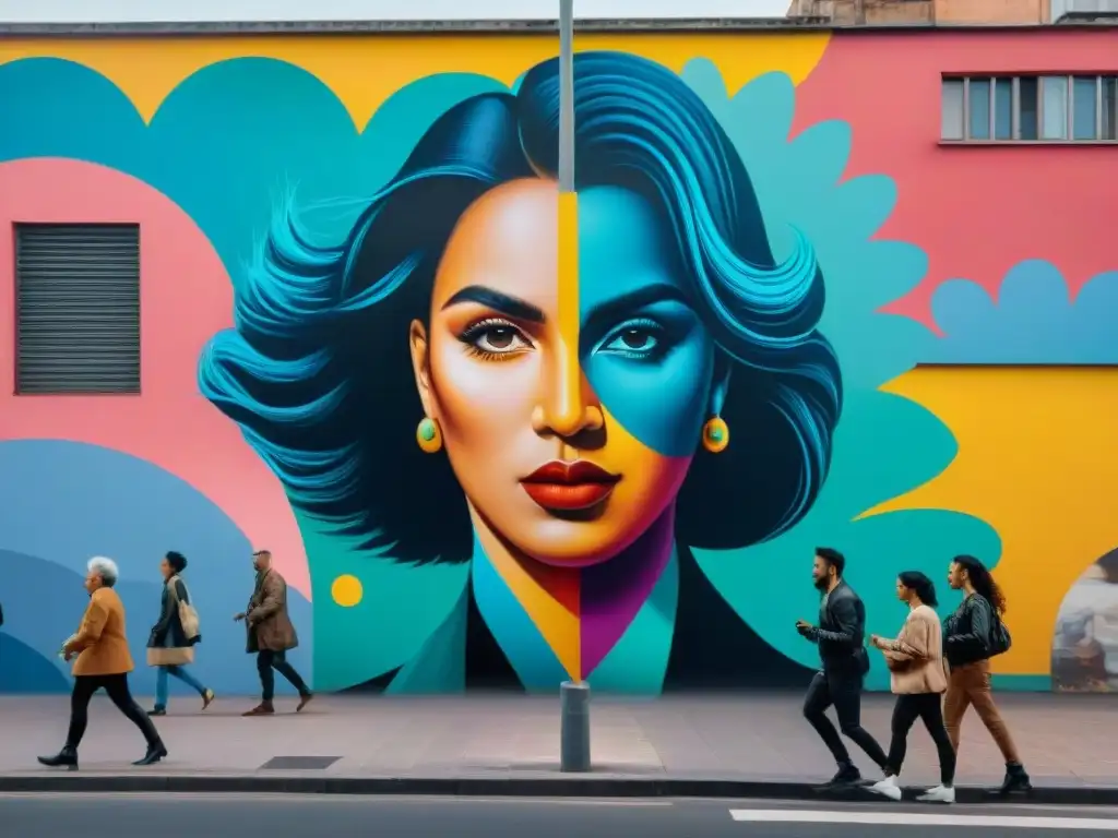 Un mural de arte urbano vibrante en Montevideo, Uruguay, reflejando la unión de personas diversas en una comunidad inclusiva y colorida