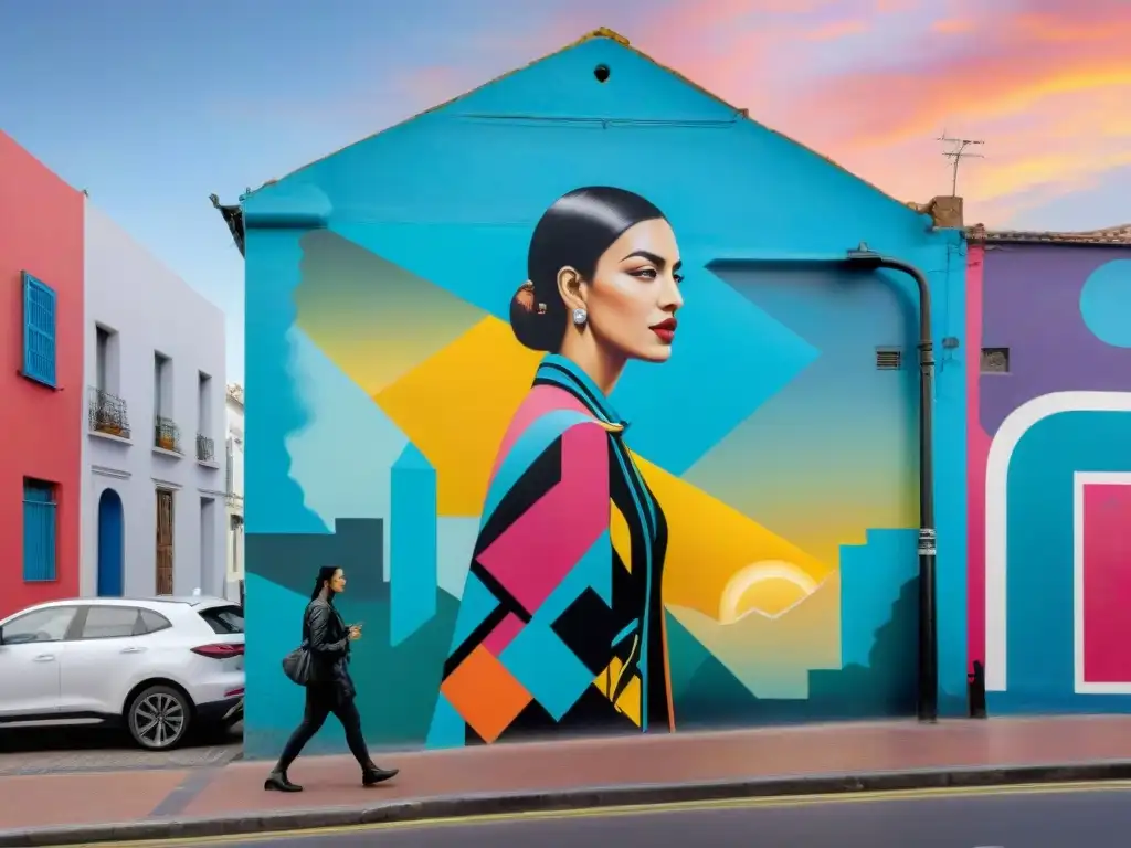 Un mural de arte urbano vibrante y moderno en Montevideo, Uruguay, con colores llamativos y formas abstractas