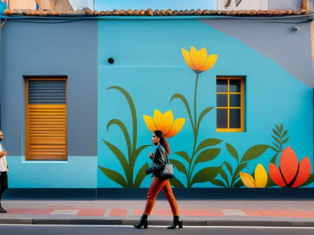 Un mural de arte urbano vibrante y dinámico en Montevideo, Uruguay, fusionando motivos tradicionales con técnicas de graffiti modernas