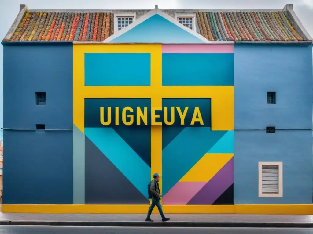 Un mural de arte visual contemporáneo en Montevideo, Uruguay, con formas abstractas y colores vibrantes