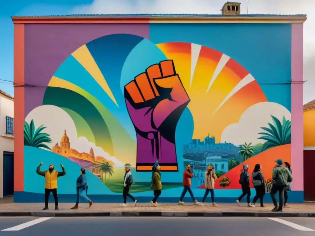 Mural callejero en Montevideo, Uruguay, arte contemporáneo de resistencia y unidad