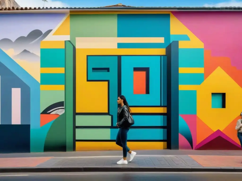 Un mural callejero colorido y vibrante en Montevideo, Uruguay, que fusiona motivos tradicionales con técnicas modernas