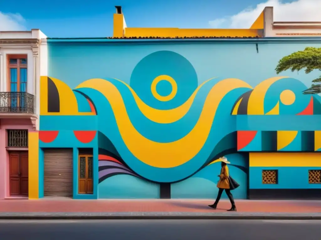 Un mural callejero vibrante en Montevideo, Uruguay, fusionando arte contemporáneo y patrimonio cultural con colores intensos y detalles intrincados