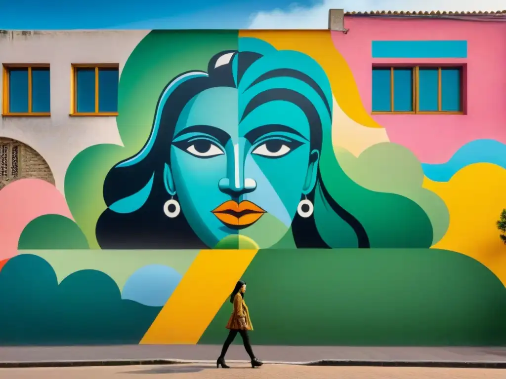 Un mural callejero vibrante en Montevideo, Uruguay, fusiona arte tradicional con graffiti moderno