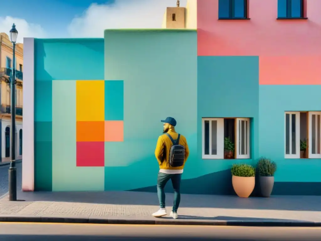 Un mural callejero vibrante en Montevideo, Uruguay, fusionando arte tradicional y contemporáneo con patrones geométricos y colores contrastantes