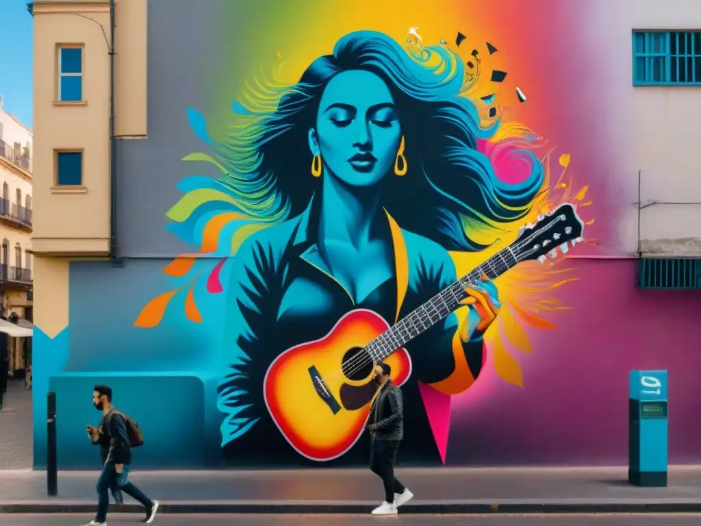 Mural callejero vibrante en Montevideo que fusiona arte contemporáneo Uruguay música visual