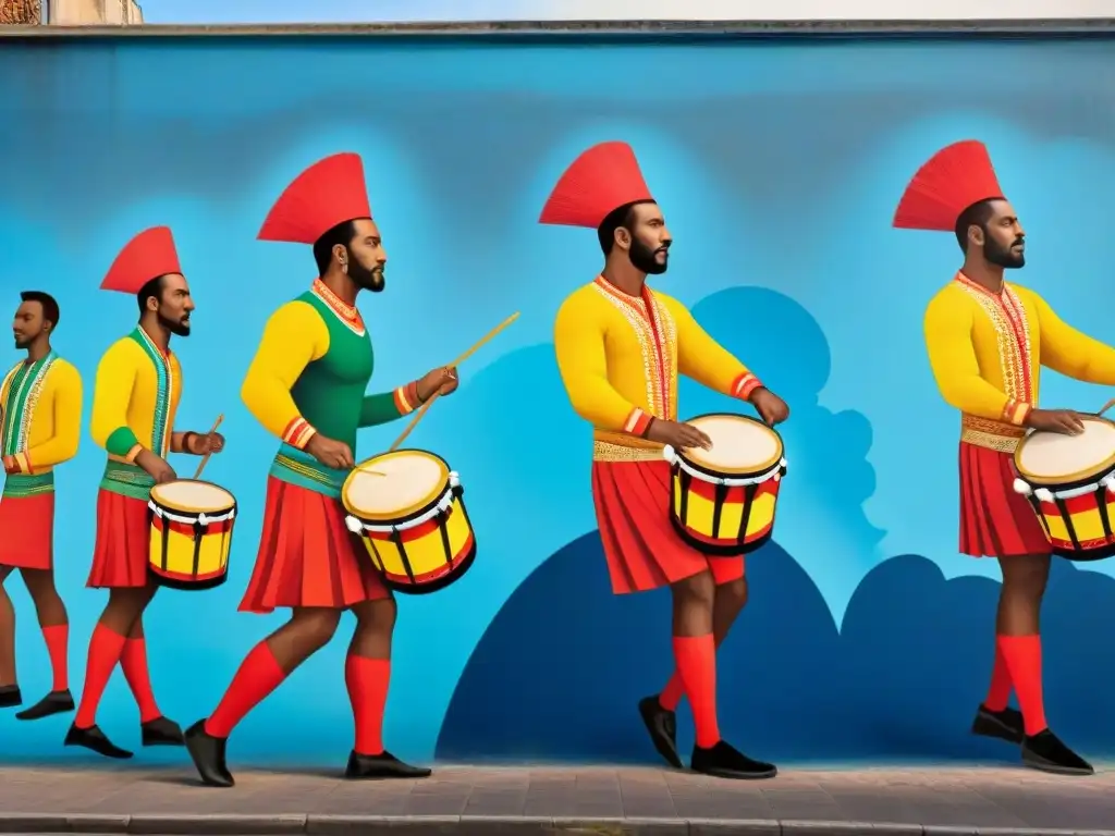 Mural callejero vibrante en Montevideo con bailarines de candombe y patrones geométricos