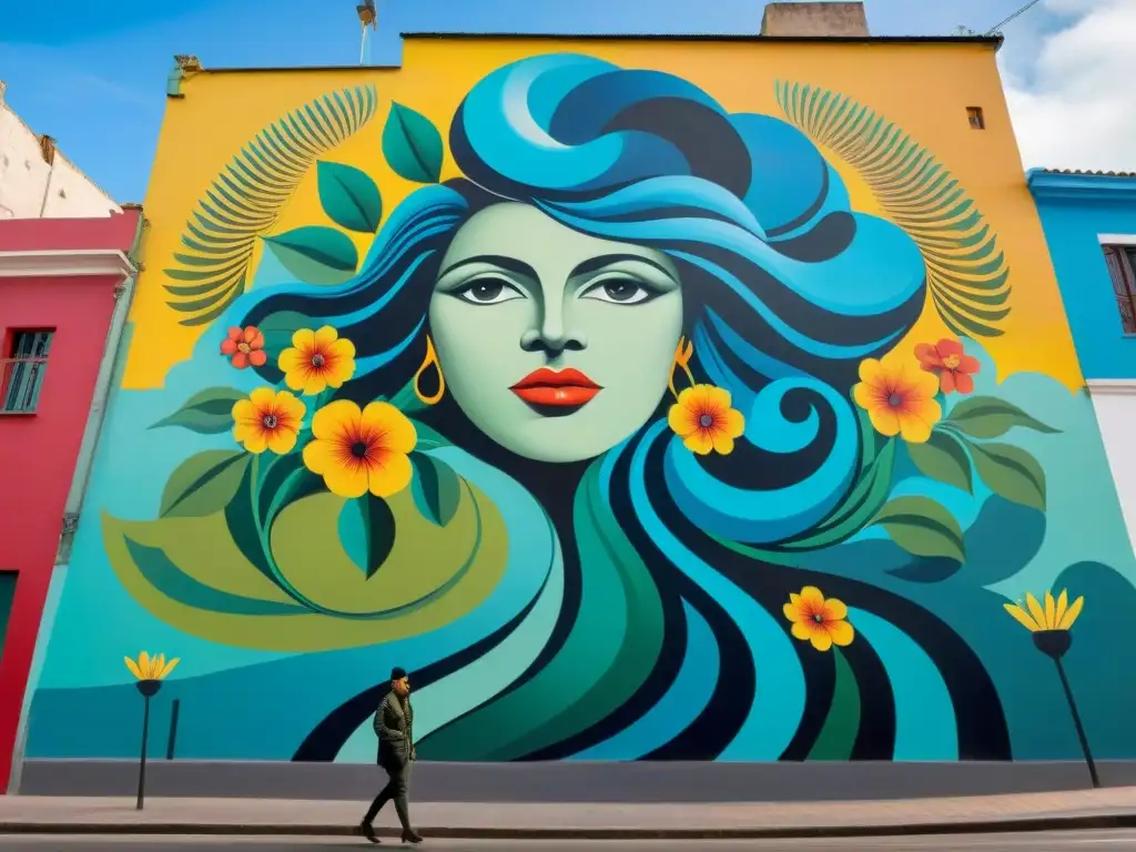 Un mural callejero vibrante en Montevideo, Uruguay, con colores y patrones geométricos, mostrando una criatura mítica entre flores y enredaderas