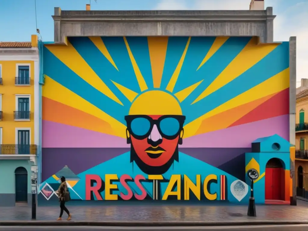 Un mural callejero vibrante en Montevideo, Uruguay, con colores intensos y patrones geométricos intrincados, reflejo del arte contemporáneo Uruguay