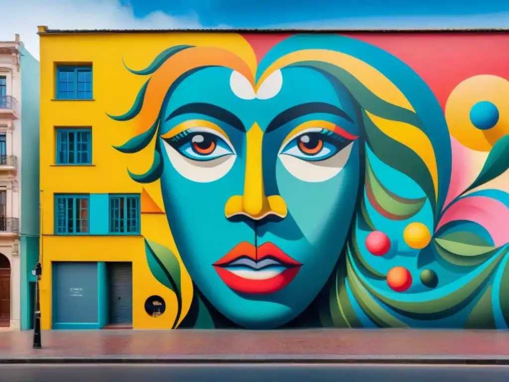 Un mural callejero vibrante y colorido en Montevideo, Uruguay, que muestra arte contemporáneo y su impacto cultural