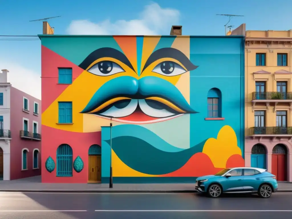 Un mural callejero vibrante en Montevideo, Uruguay, fusionando estilos de arte contemporáneo con impacto cultural