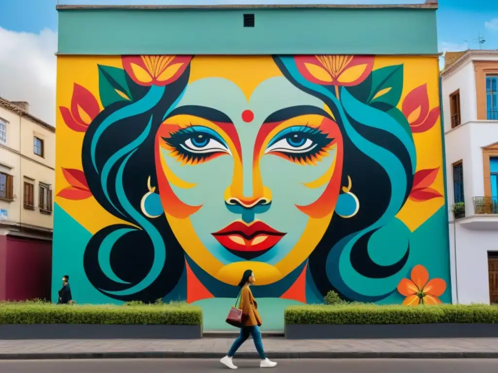 Un mural callejero vibrante en Montevideo, Uruguay, reflejando el impacto del arte contemporáneo uruguayo en el cambio social y la comunidad