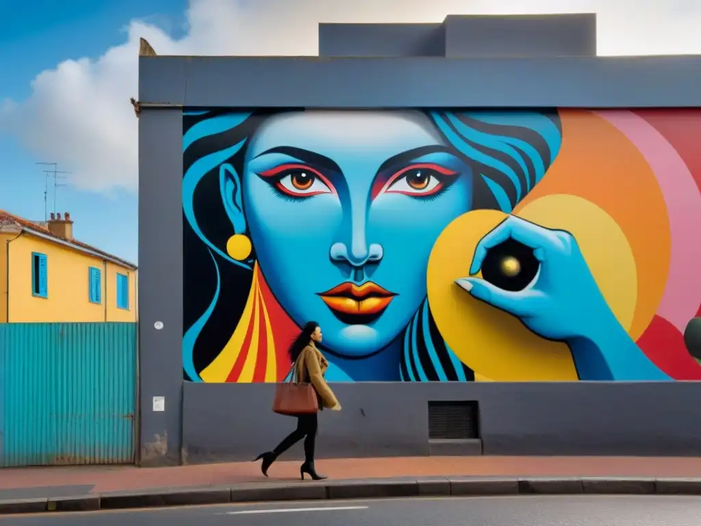 Un mural callejero vibrante en Montevideo, Uruguay, que representa la libertad de expresión a través de colores audaces y detalles intrincados