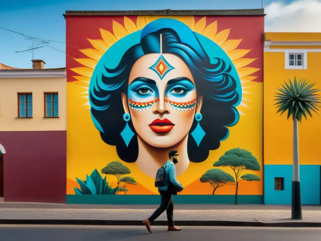 Un mural callejero vibrante en Montevideo, Uruguay, fusiona motivos tradicionales y estilos contemporáneos