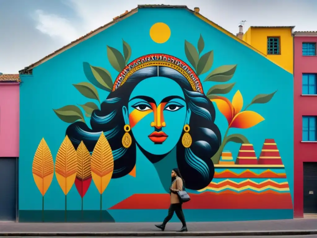 Un mural callejero vibrante en Montevideo, Uruguay, fusionando motivos artísticos tradicionales con un toque moderno