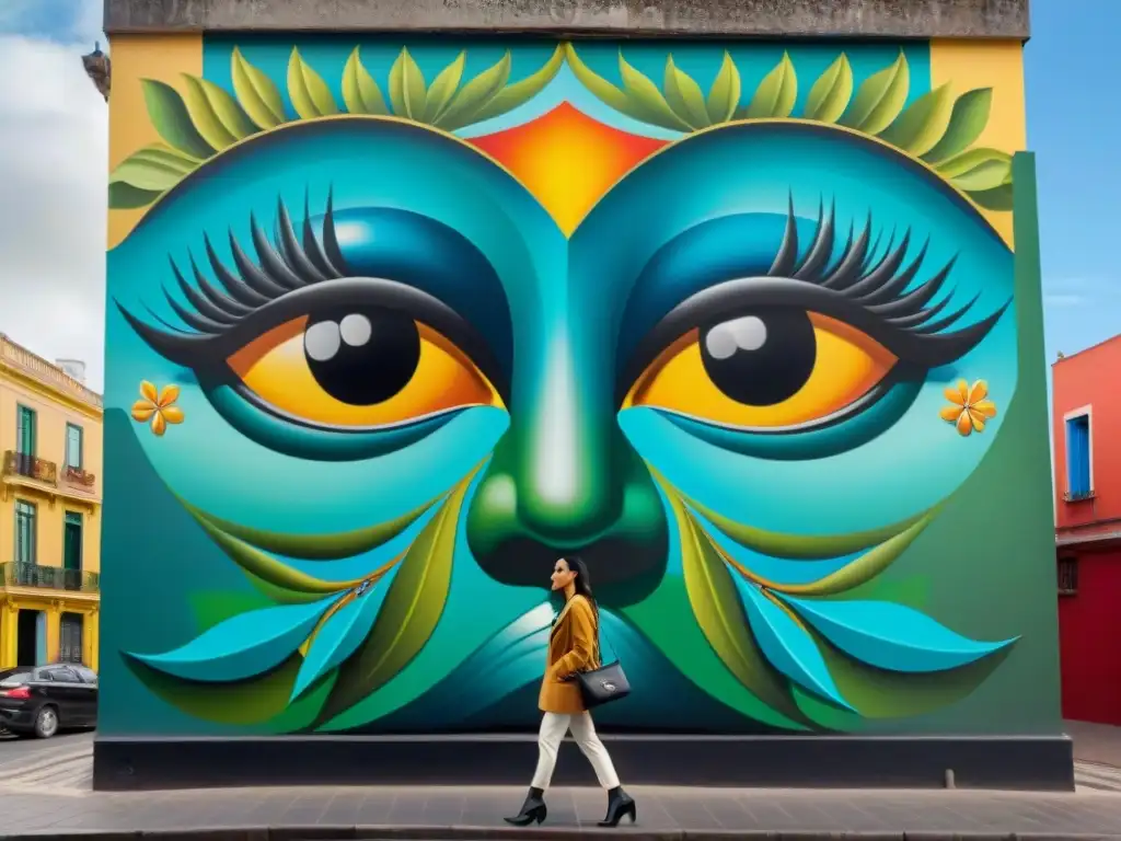 Mural callejero vibrante en Montevideo, Uruguay, fusiona motivos tradicionales con colores y diseños contemporáneos